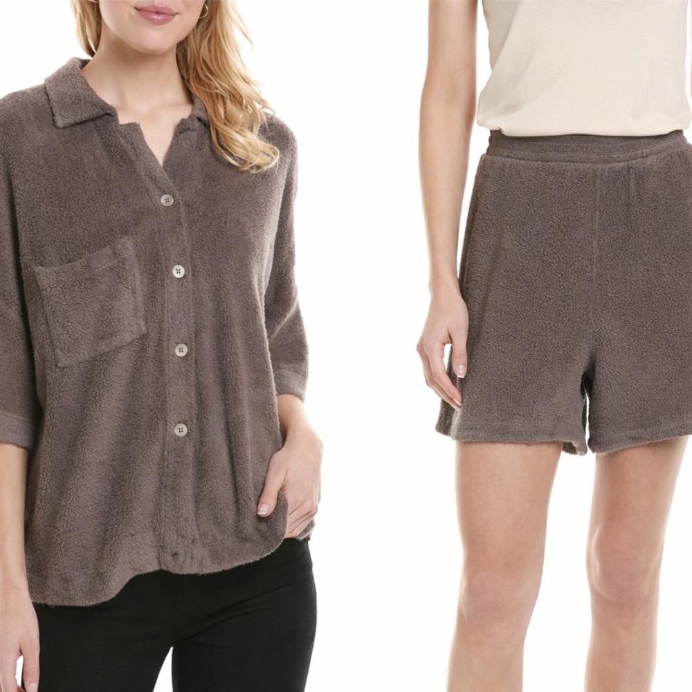 NWT Stateside Sherpa 2-Piece Lounge Set Walnut Brown Top M Shorts L Cozy Fleece